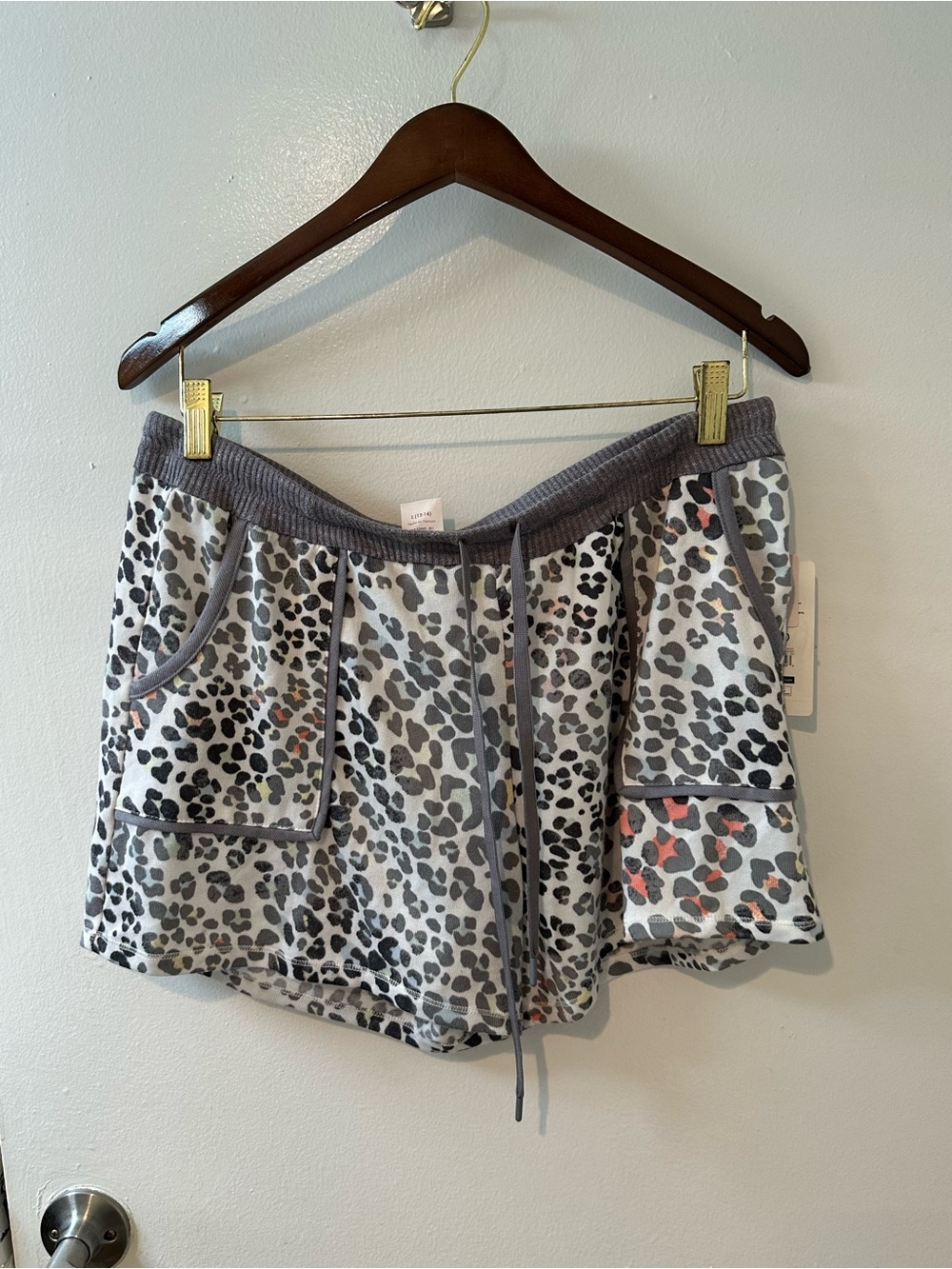 Leopard Print Drawstring Lounge Shorts - Gray, Black, Pink Accents